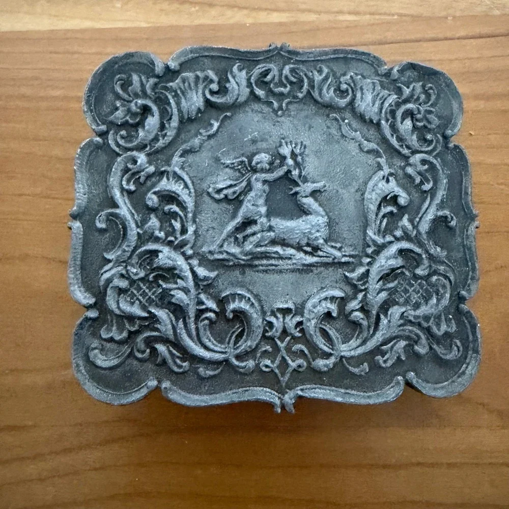 Vintage 1974 Lewis Buckles Original Design Cherub Stag Pewter Tone Belt Buckle